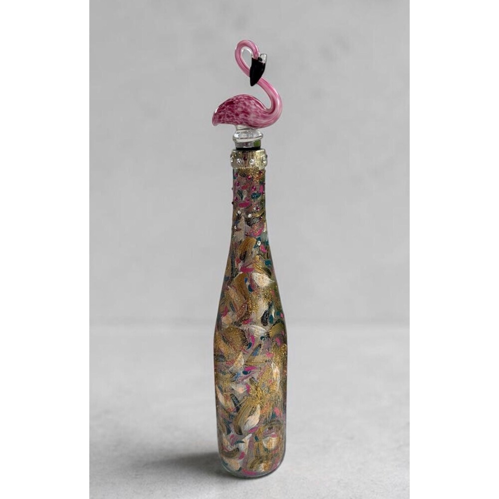 Hand Painted Flamingo Tall 13’’ Glass Bottle Art with Stopper, Signed